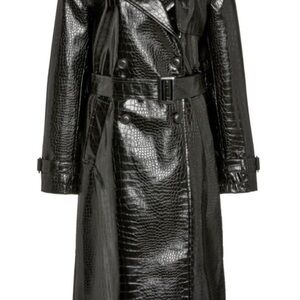 Apparis Croc-Effect Black Faux Leather Trench Coat